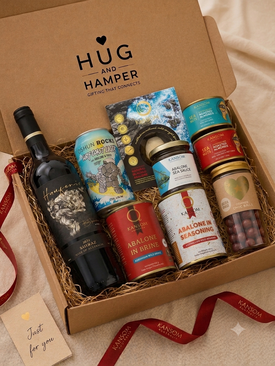 The Abalone Experience Hamper with Kansom abalone, Shiraz, Oshun Rocks lager, sea sauce and gourmet snacks